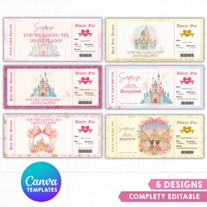 Może przedstawiać: Sześć prostokątnych biletów na niespodziankową wycieczkę do Disneylandu z akwarelowymi ilustracjami zamków, uszu Myszki Miki i kokard. Każdy bilet zawiera tekst 'Surprise YOU'RE GOING TO DISNEYLAND', 'Admite One' oraz 'Pack Your Dreams' z polami na imię, datę i cel podróży.