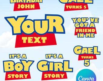 Toy Theme Custom Logo Canva Template, Editable Movie Text, Kids Birthday Party Sign, Boy or Girl Story, Editable letters, Digital Download