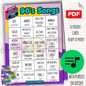 May include: A printable 90's Songs Music Bingo game card with a colorful design. The card features song titles and artists from the 1990s, with a boombox graphic. Includes a Spotify playlist.