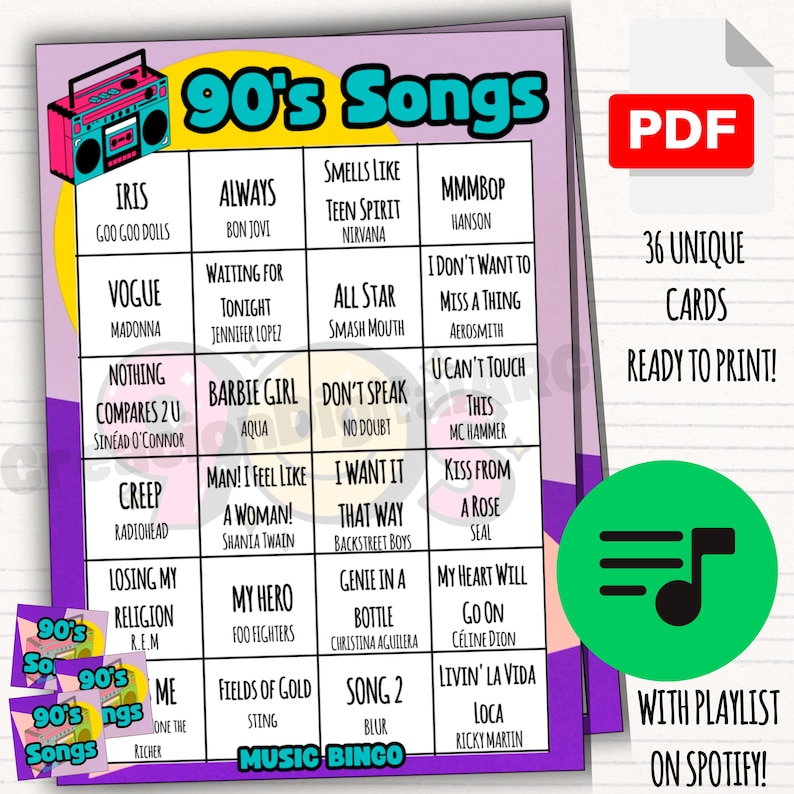 May include: A printable 90's Songs Music Bingo game card with a colorful design. The card features song titles and artists from the 1990s, with a boombox graphic. Includes a Spotify playlist.