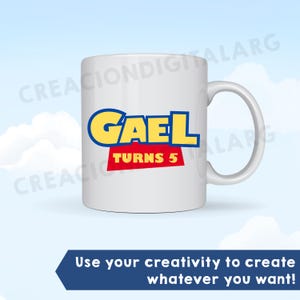 May include: A white ceramic mug featuring the text "GAEL" in large yellow letters with a blue outline, positioned above a red banner containing the white text "TURNS 5". The mug has a standard handle on the right side and a smooth finish.