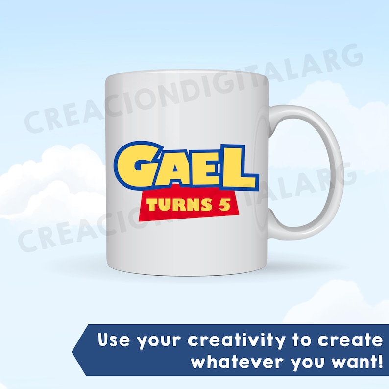 May include: A white ceramic mug featuring the text "GAEL" in large yellow letters with a blue outline, positioned above a red banner containing the white text "TURNS 5". The mug has a standard handle on the right side and a smooth finish.