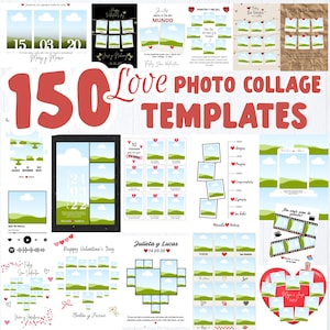 Puede incluir: Una colección de 150 plantillas de collage de fotos de amor. Las plantillas presentan varios diseños, incluyendo formas de corazón, líneas de tiempo y diseños para múltiples fotos. El texto incluye "Feliz Día de San Valentín" y fechas.