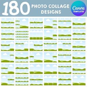 May include: A graphic featuring 180 photo collage designs. The designs are arranged in a grid, showcasing various layouts with landscape and sky elements. The text "Photo Collage Designs" and "Canva Templates" are also visible.