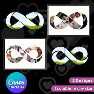 Peut inclure: Quatre collages photo en forme d'infini sur fond noir. Deux modèles sont présentés, l'un avec un paysage et un ciel, l'autre avec des photos de couples romantiques. Le logo Canva Templates est en bas à gauche.