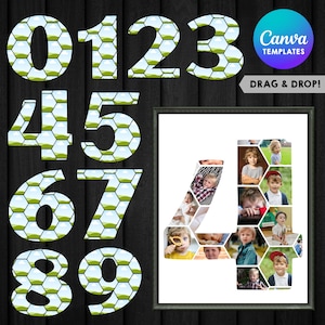 May include: A digital template set featuring numbers zero through nine filled with a green hill and blue sky hexagonal pattern, alongside a framed collage template in the shape of the number four containing multiple photographs of children.