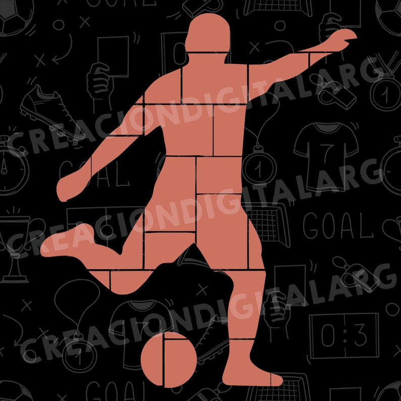 May include: A terracotta-coloured illustration of a footballer kicking a ball, constructed from rectangular shapes. The black background features white soccer-themed graphics and text, including "GOAL" and "0:3".