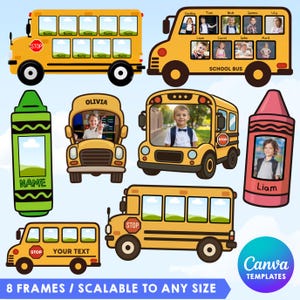 Puede incluir: Una colección de marcos de fotos digitales con forma de autobús escolar y crayones con ventanas y etiquetas personalizables. Los diseños incluyen autobuses amarillos con señales de stop y crayones de colores para fotos y nombres.