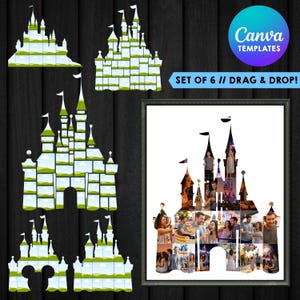 May include: A set of six digital collage templates shaped like a castle, featuring a grid layout for photos. The templates include a framed example filled with various personal photographs, and the text "Canva TEMPLATES" and "SET OF 6 // DRAG & DROP!"