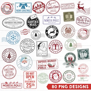 May include: A collection of various Christmas-themed rubber stamp designs featuring Santa Claus, reindeer, gift boxes, pine trees, and North Pole postmarks in red, blue, green, and black ink colors, with text including Merry Christmas and Express Delivery.