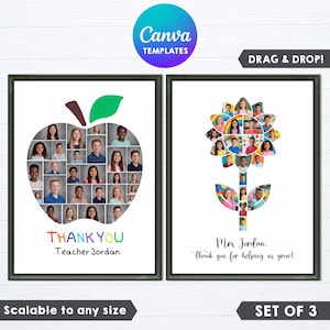 Puede incluir: Dos impresiones artísticas enmarcadas de agradecimiento a los profesores. Una presenta una forma de manzana llena de fotos de estudiantes y el texto "THANK YOU Teacher Jordan". La otra es una forma de flor con fotos de estudiantes y el texto "Mrs. Jordan, thank you for helping us grow!"