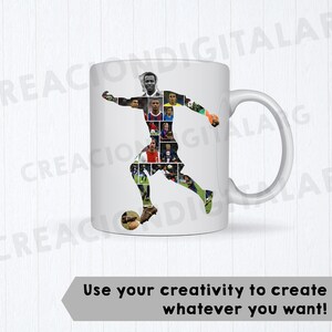 May include: White ceramic mug with a soccer player silhouette made up of player images. The player is shown kicking a football. The mug has a curved handle and the text "Use your creativity to create whatever you want!"