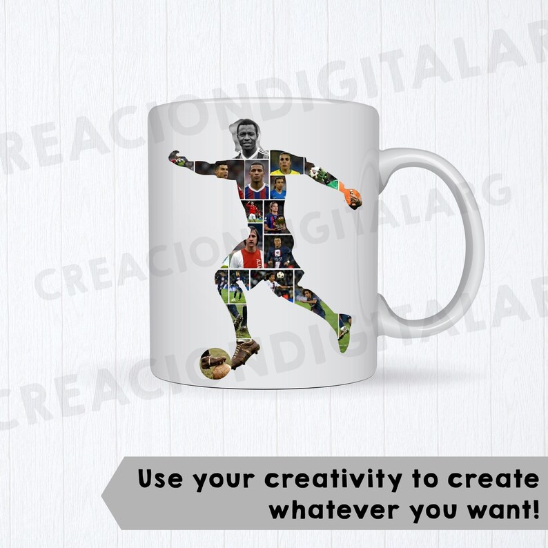 May include: White ceramic mug with a soccer player silhouette made up of player images. The player is shown kicking a football. The mug has a curved handle and the text "Use your creativity to create whatever you want!"