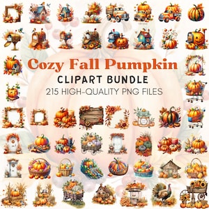 Puede incluir: Una colección digital de 215 archivos PNG de alta calidad titulada Cozy Fall Pumpkin CLIPART BUNDLE. La imagen muestra varias ilustraciones que incluyen calabazas, follaje otoñal, buzones rústicos, camiones, cestas y carretas.