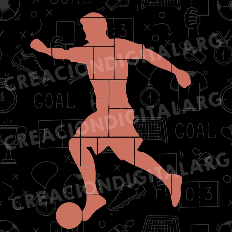 May include: A terracotta-coloured silhouette of a footballer kicking a ball, constructed from brick-like shapes, set against a black background with football-themed doodles and the text "GOAL" and "CREACIONDIGITALARG".