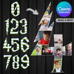 Puede incluir: Un diseño digital con los números 0-9 con un diseño de paisaje y un collage de fotos en forma de número 4. El diseño incluye el texto "Canva Templates" y "Drag & Drop!" sobre un fondo de vetas de madera negra.