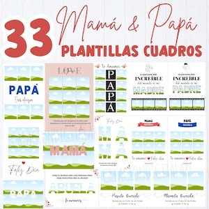 Puede incluir: Un conjunto de 33 plantillas para marcos de fotos, con las palabras "Mamá & Papá" en la parte superior. Los diseños incluyen espacios para fotos y texto, con frases como "Love", "Madre" y "Padre".