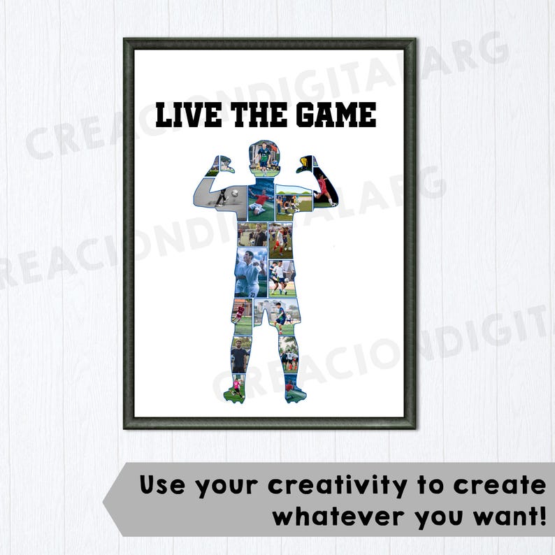 May include: A framed print with a silhouette of a person filled with sports images, flexing their arms. The text "LIVE THE GAME" is at the top. The bottom text reads: "Use your creativity to create whatever you want!"