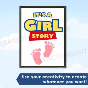 May include: A framed rectangular print featuring the text IT'S A GIRL STORY in blue, yellow, and red lettering. Below the text are two pink baby footprints centered on a white background. The frame is dark gray with a thin profile.