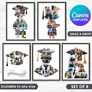 Puede incluir: Conjunto de 8 collages de fotos de graduación enmarcados. Cada collage tiene la forma de un graduado con birrete y toga, lleno de fotos. El texto "Canva Templates" y "Drag & Drop!" son visibles. También son visibles los textos "Scalable to any size" y "Set of 8".