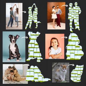 Puede incluir: Un collage de imágenes que presenta a una pareja bailando, una pareja posando, un perro, una niña sonriendo, una familia y un gatito. Cada imagen está emparejada con una silueta hecha de imágenes más pequeñas de un paisaje.