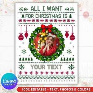 Puede incluir: Una plantilla digital con temática navideña sobre fondo blanco con patrones de punto en rojo y verde. Incluye el texto ALL I WANT FOR CHRISTMAS IS y YOUR TEXT, con una corona verde central como marco para una foto.