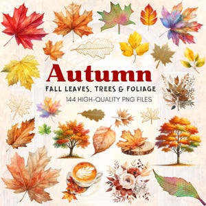 Autumn Leaves Clipart Bundle, Watercolor Fall Trees PNG,  Thanksgiving Foliage Graphics, Cozy Fall Scrapbook Elements, Digital Download