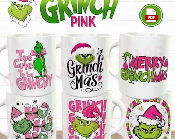 The Grinch Pink Sublimation Designs for Mugs Bundle 6 Templates Christmas Merry grinchmas Sublimation Tazas Navidad - PDF Digital Download