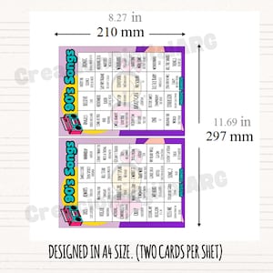 May include: Two sheets of 90's Songs Bingo cards, each 8.27 inches wide and 11.69 inches tall. The cards feature a colorful design with song titles and a boombox graphic. The text "DESIGNED IN A4 SIZE. (TWO CARDS PER SHET)" is at the bottom.