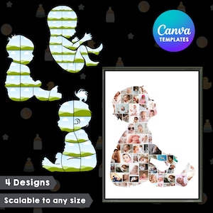Puede incluir: Un collage de fotos de bebé enmarcado con la forma de un bebé, rodeado de tres diseños de siluetas de bebé. La imagen incluye el texto "4 Designs" y "Scalable to any size". El fondo es negro con estrellas blancas e iconos de biberones.