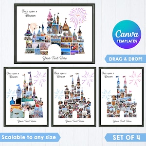 Puede incluir: Un conjunto de cuatro plantillas de collage digital con una silueta de castillo compuesta por múltiples espacios para fotos, decorada con ilustraciones de fuegos artificiales morados y azules, el texto Once upon a Dream y un espacio de texto.