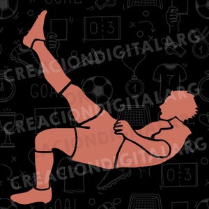 May include: A digital illustration of a footballer performing a bicycle kick. The player is depicted in reddish-orange against a black backdrop with soccer-related doodles and the text "CREACI&Oacute;NDIGITALARG" and "GOA".