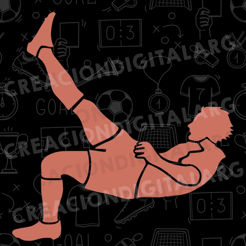 May include: A digital illustration of a footballer performing a bicycle kick. The player is depicted in reddish-orange against a black backdrop with soccer-related doodles and the text "CREACI&Oacute;NDIGITALARG" and "GOA".
