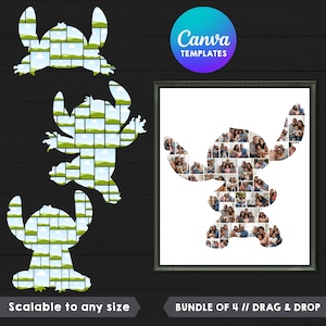 Puede incluir: Un collage de fotos enmarcado con la forma de un personaje de dibujos animados, lleno de fotos familiares. También se muestran tres contornos de personajes, llenos de una imagen de paisaje. El logotipo de Canva Templates está en la esquina superior derecha.