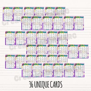 May include: A collection of 36 unique bingo cards with a 90's theme. Each card features a purple border, a retro boombox graphic, and the text "90's Songs". The cards are arranged in a grid.