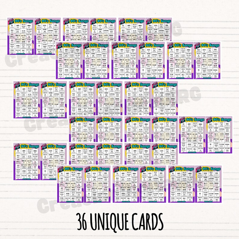 May include: A collection of 36 unique bingo cards with a 90's theme. Each card features a purple border, a retro boombox graphic, and the text "90's Songs". The cards are arranged in a grid.