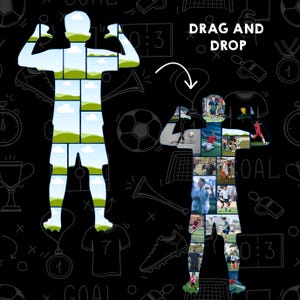 May include: A black graphic with a soccer theme. The image features a silhouette of a soccer player composed of smaller images of soccer players. Text reads "DRAG AND DROP" and "GOAL". Soccer ball and equipment icons are scattered around.