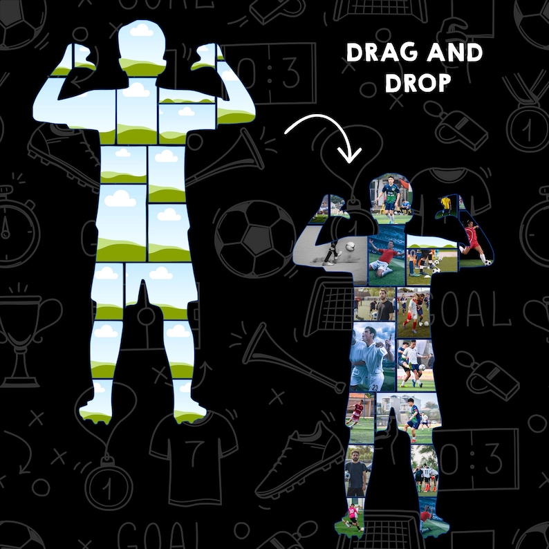 May include: A black graphic with a soccer theme. The image features a silhouette of a soccer player composed of smaller images of soccer players. Text reads "DRAG AND DROP" and "GOAL". Soccer ball and equipment icons are scattered around.