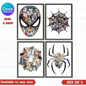 Superhelden fotocollage Canva sjablonen, set van 4 spinnenframes, stripboek feestdecoratie, verjaardagsbord voor jongens, gepersonaliseerde poster, digitale download