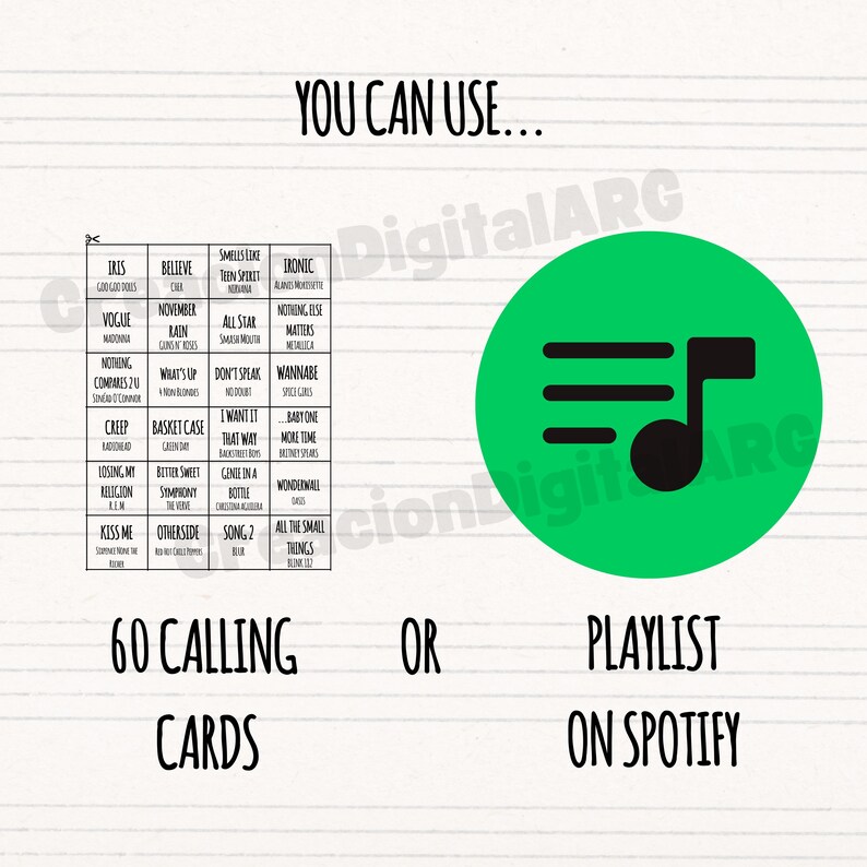 May include: A white background features a bingo card with song titles and a green Spotify logo. Text reads "You Can Use... 60 Calling Cards OR Playlist On Spotify."