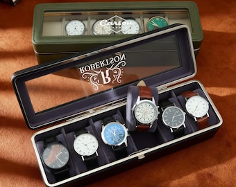 Watch Box for Men - 6 Slots Watch Case Organizer, Personalized Engraved Watch Display, Green Leather Watch Case, Gifts for Husband