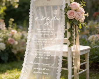 Wedding Memorial Chair Banner - In Loving Memory Chair Sign, Reserved Seat Wedding Sign, Sheer Fabric Lace Trimmed Tribute, Sympathy Gift