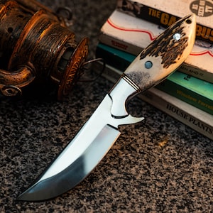 Handmade Stag Horn Finger Supportive Knife | Custom Forged Blade For Survival | Camping & Outdoor Use |Groomsman gift for Dad | Friend