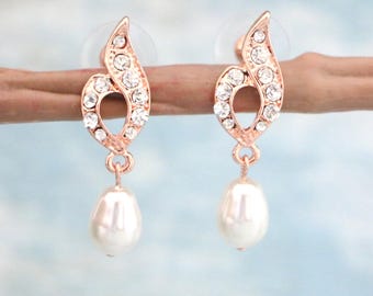 Rose gold Bridal earrings pearl drop Wedding earrings Gold Bridesmaid