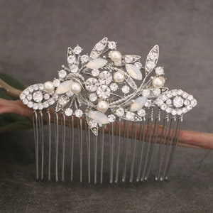 Silver Rhinestone Wedding Updo Accessory White opal Wedding hair clip Navy blue Bridal hair comb Pearl Wedding hair comb Blue hair accessory