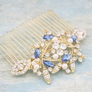 Sapphire Wedding hair comb Gold veil comb Wedding hair accessories Bridal hair jewelry Wedding comb Bridal hair bling Navy blue hair comb
