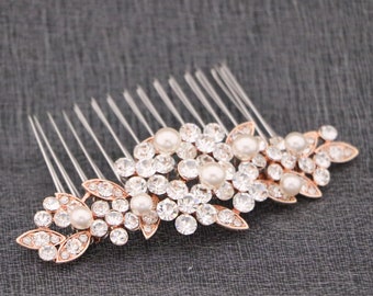 Pearl and Crystal side comb Rose gold Wedding comb in Gold veil comb Wedding hair accessories floral Wedding hair comb Bridal hair jewelry