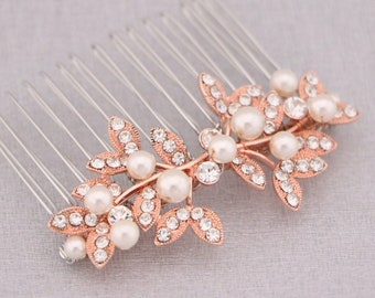 Swarovski pearl hair comb Rose gold Bridal hair comb Gold veil comb Side bridal headpiece Wedding hair accessories floral Bridal comb clip