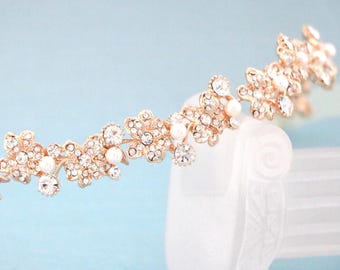 Ivory ribbon Crystal headband Rose gold Bridal headband Rhinestone headband White ribbon Wedding tiara Bridal hair jewelry Wedding headband