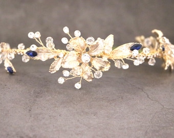 Fascia per capelli da sposa dorata, tiara per capelli da sposa dorata, fascia per capelli blu navy con cristalli, fascia per capelli argento con strass, fascia per capelli oro rosa con zaffiri, tiara